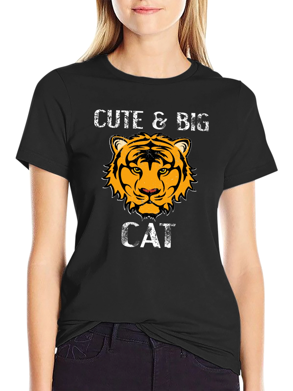 Cute & Big Cat Graphic Black T-Shirt