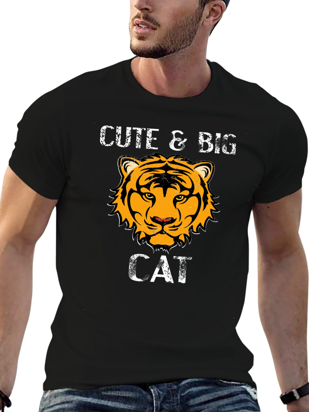 Cute & Big Cat Graphic Black T-Shirt