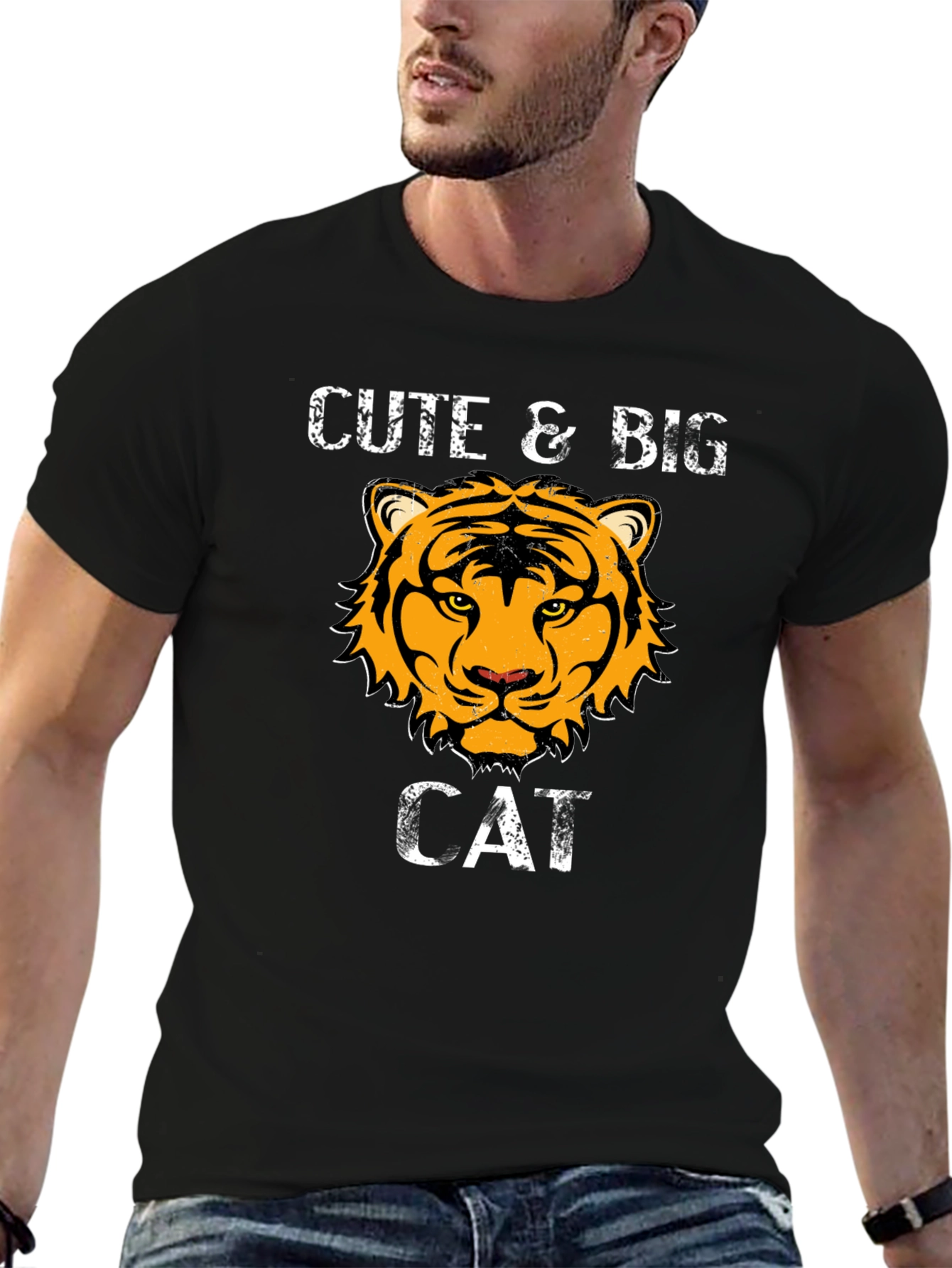 Cute & Big Cat Graphic Black T-Shirt