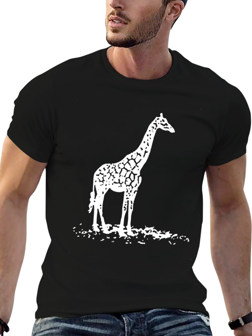 Mens Giraffe Graphic T-Shirt - Black Cotton Tee