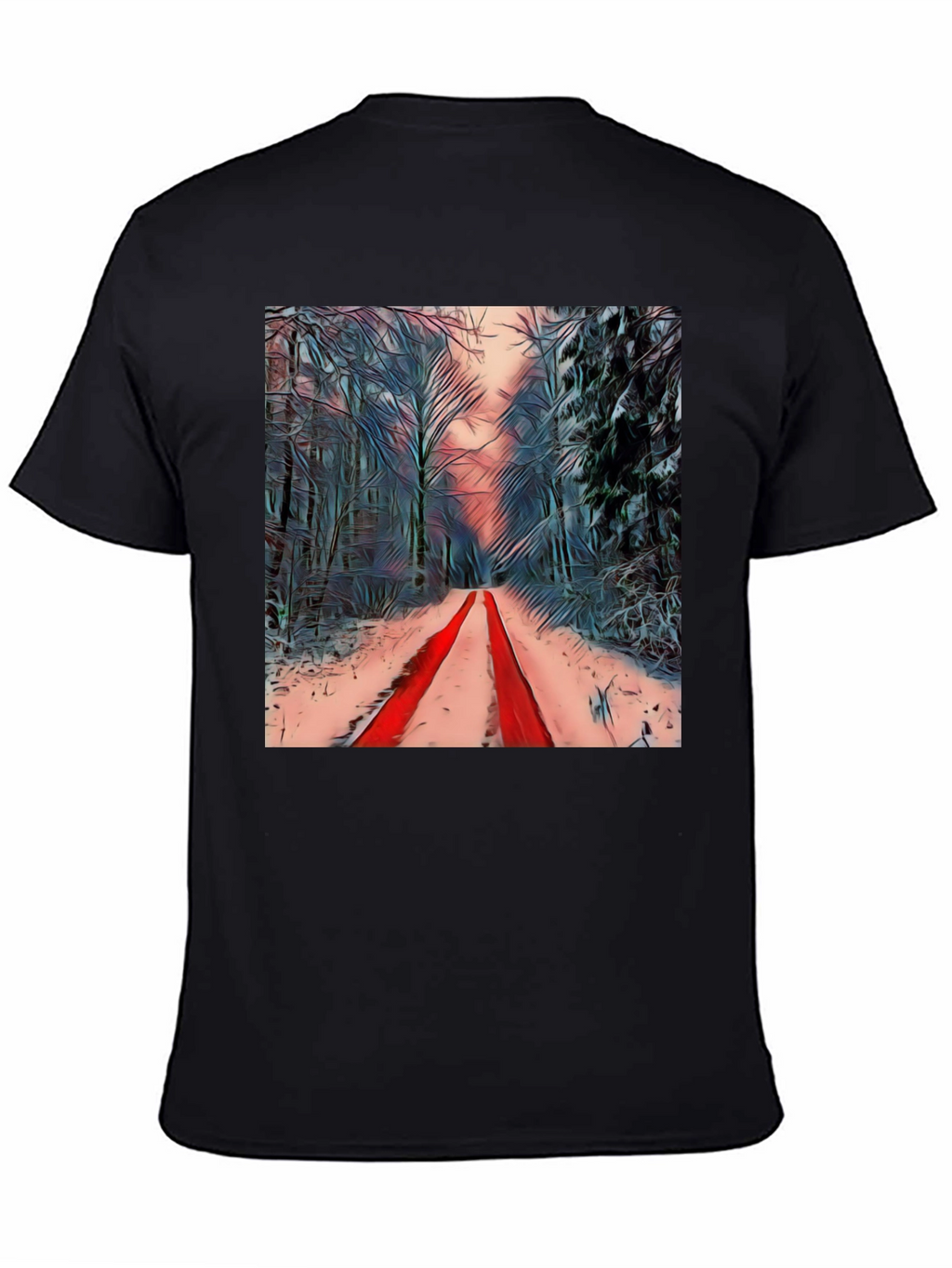 Winter Forest Red Path Black T-Shirt