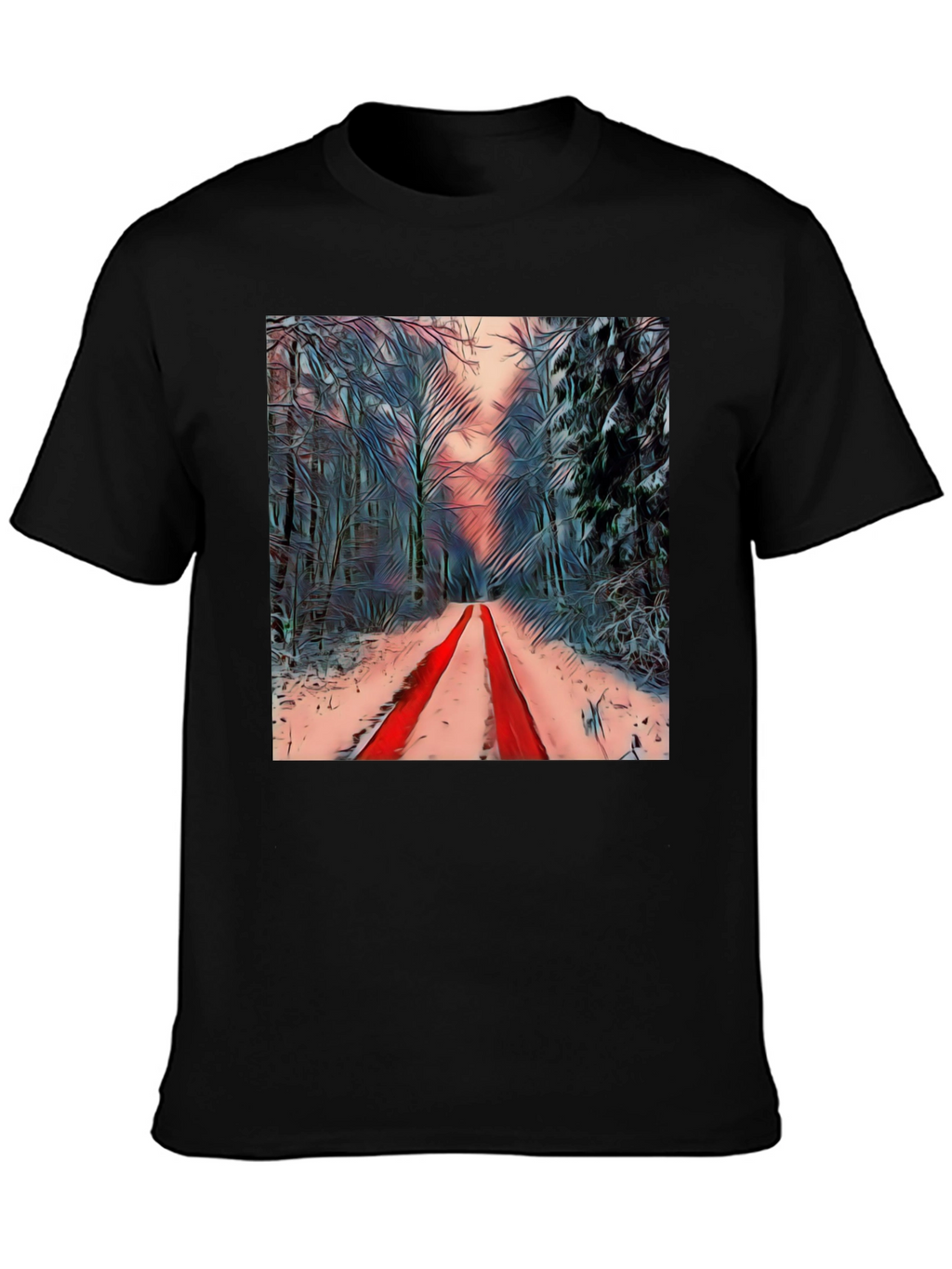 Winter Forest Red Path Black T-Shirt