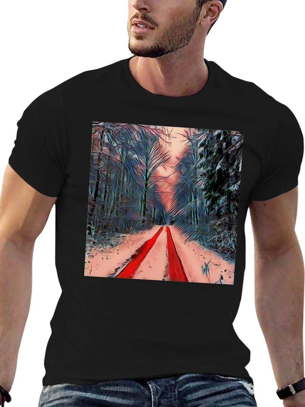 Winter Forest Red Path Black T-Shirt