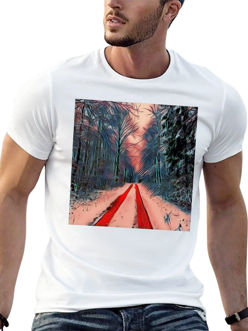 Winter Forest Red Path Black T-Shirt
