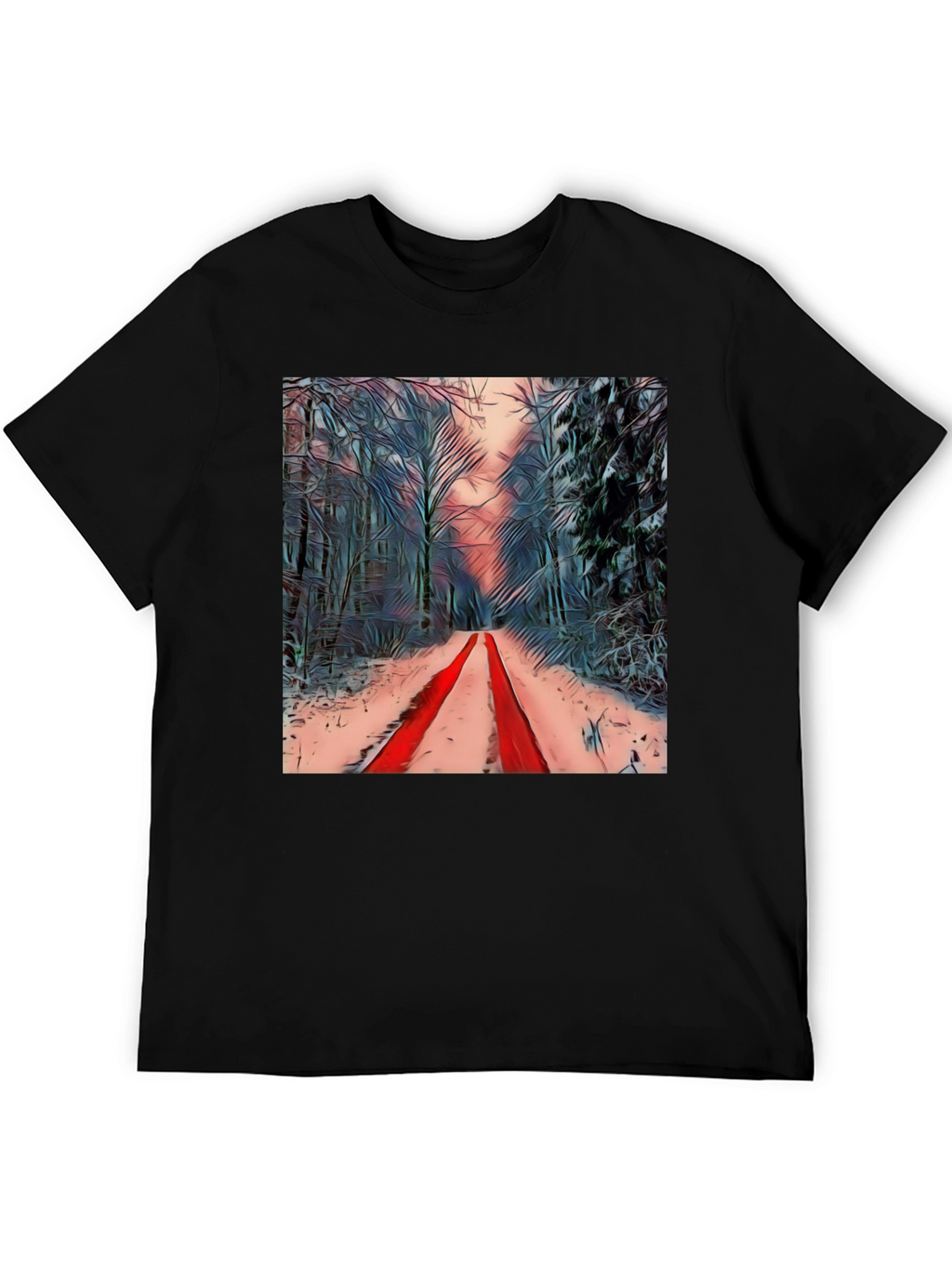 Winter Forest Red Path Black T-Shirt