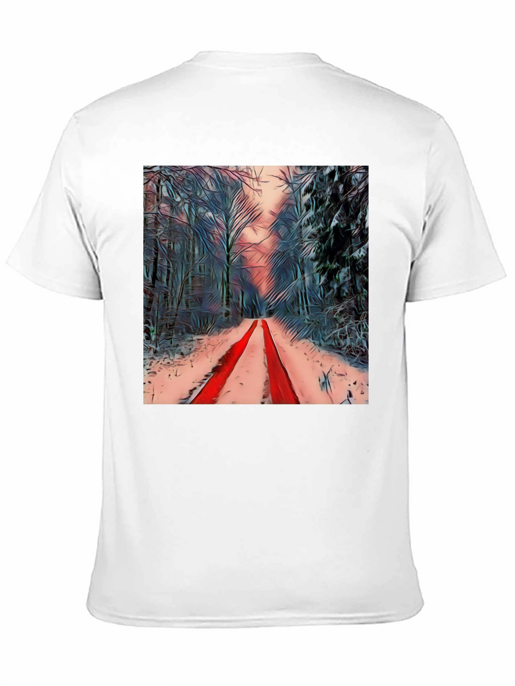 Winter Forest Red Path Black T-Shirt
