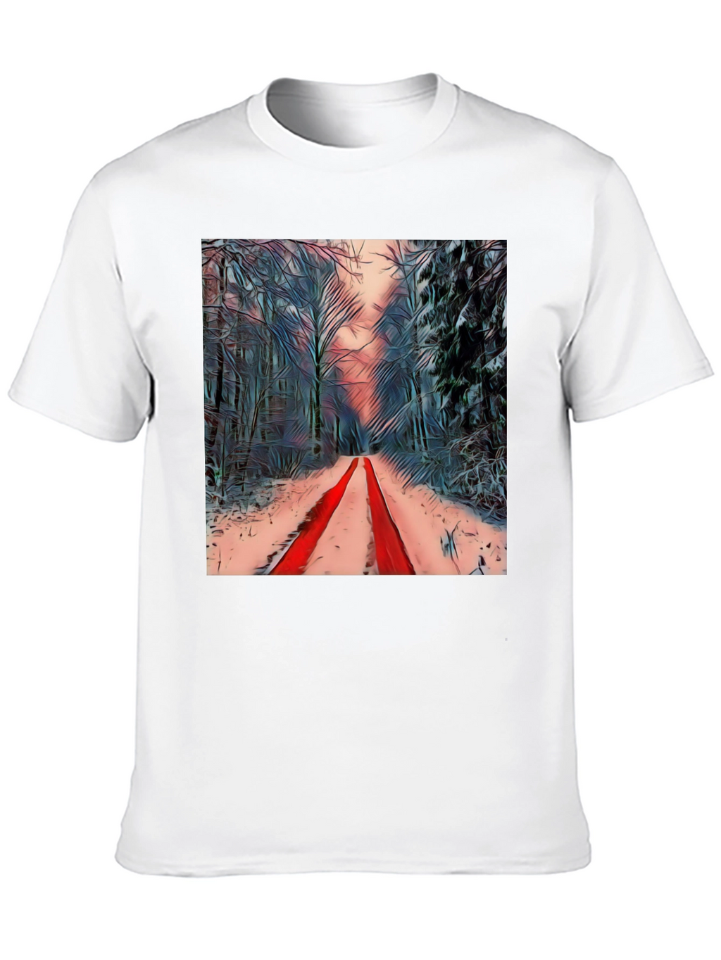 Winter Forest Red Path Black T-Shirt