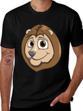 Cartoon Lion Graphic Tee - Black Cotton Shirt