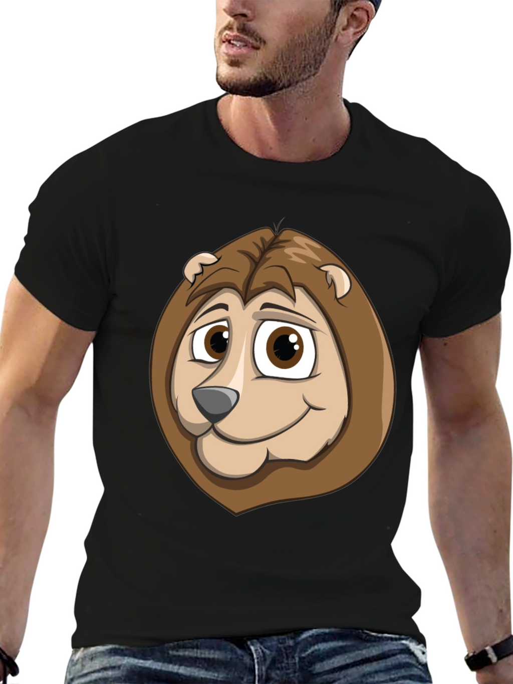 Cartoon Lion Graphic Tee - Black Cotton Shirt