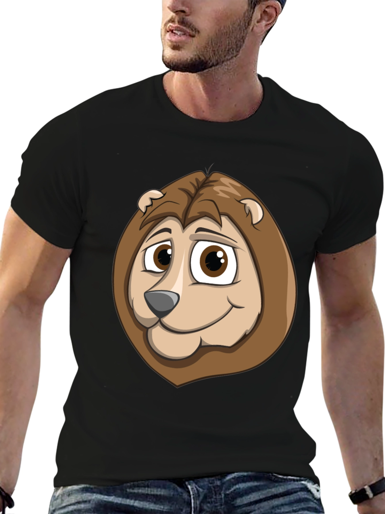 Cartoon Lion Graphic Tee - Black Cotton Shirt