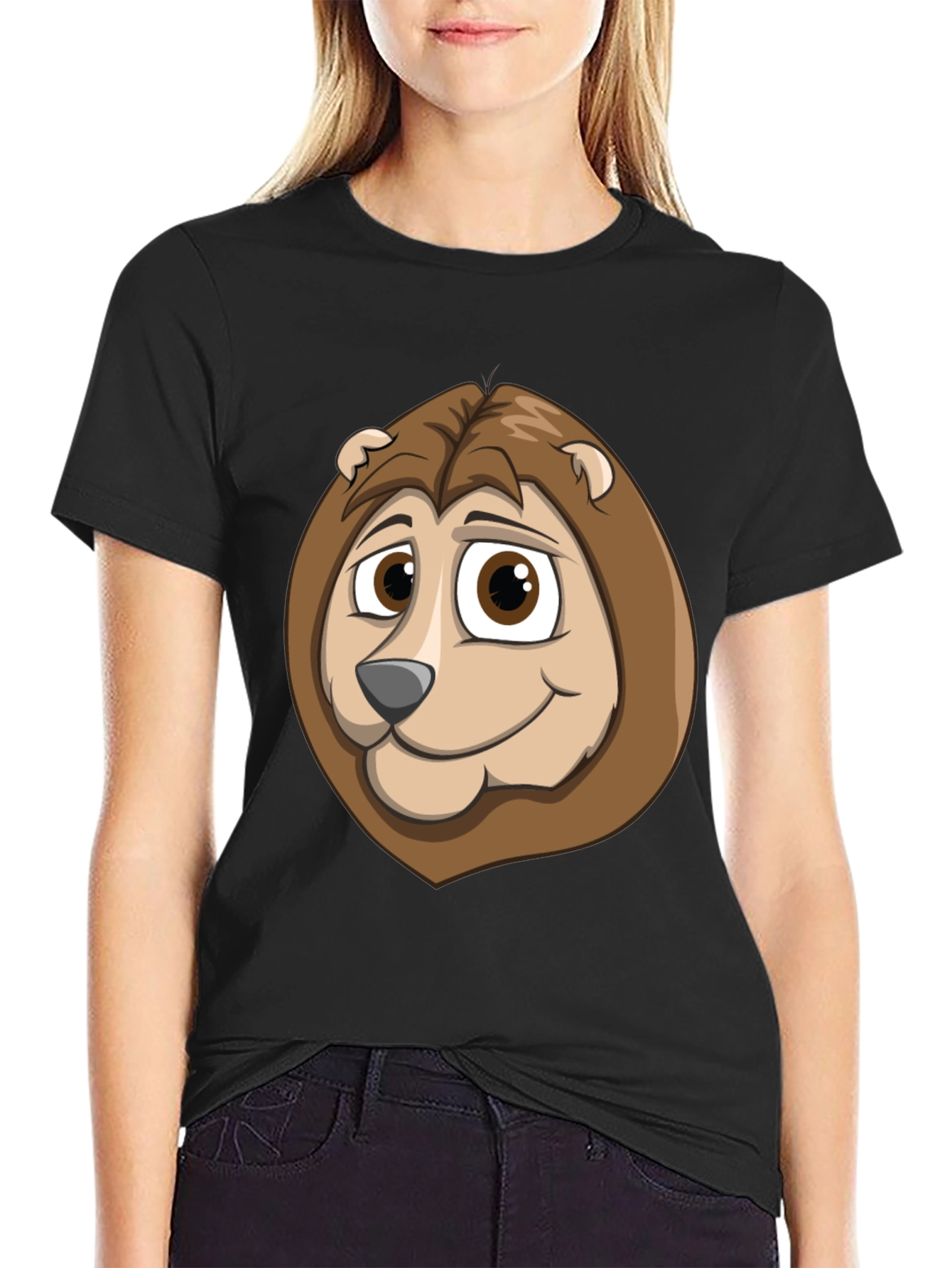 Cartoon Lion Graphic Tee - Black Cotton Shirt