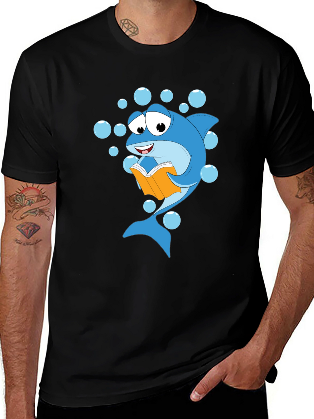 Reading Shark Graphic Tee - Black Cotton T-Shirt