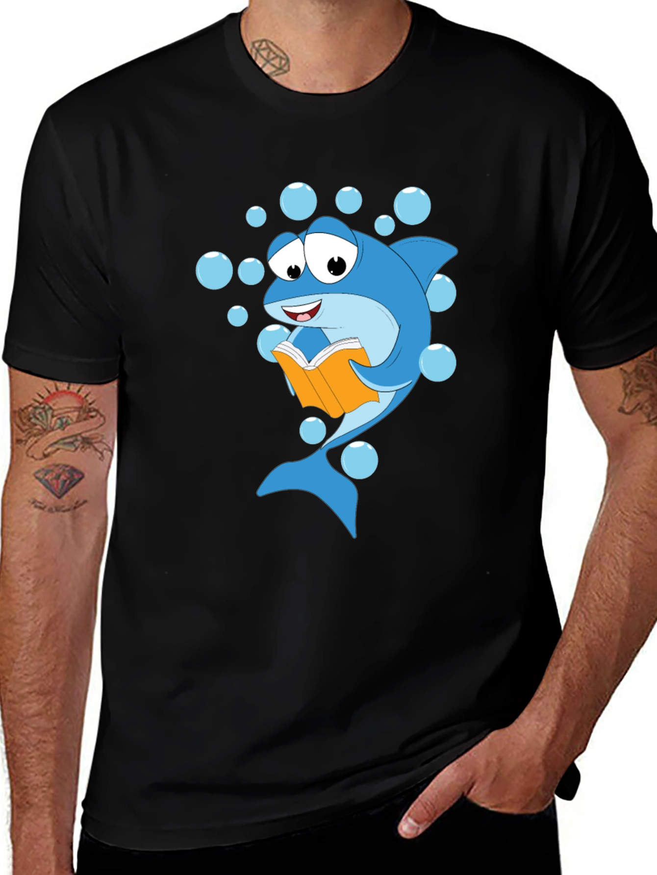 Reading Shark Graphic Tee - Black Cotton T-Shirt