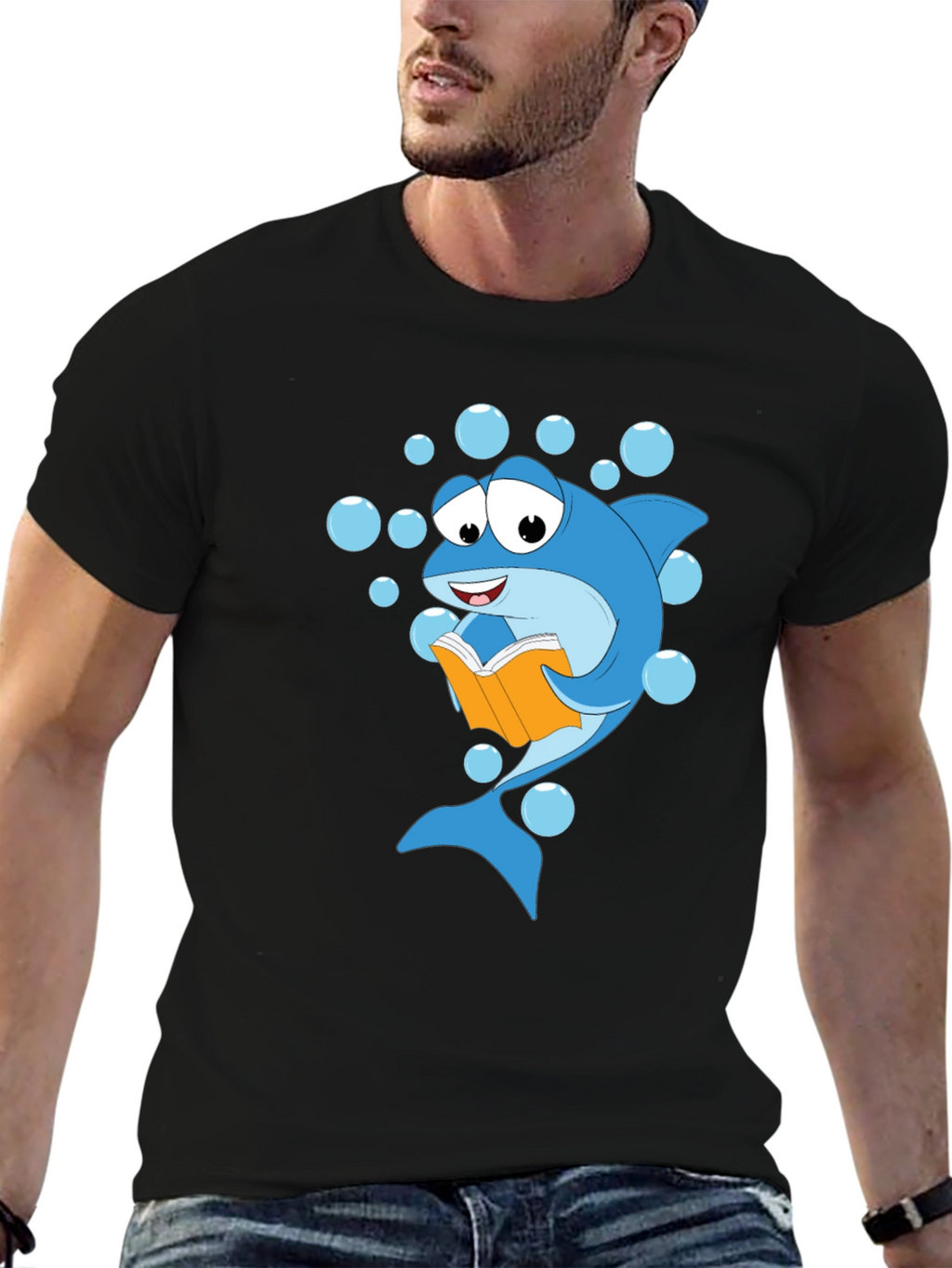 Reading Shark Graphic Tee - Black Cotton T-Shirt
