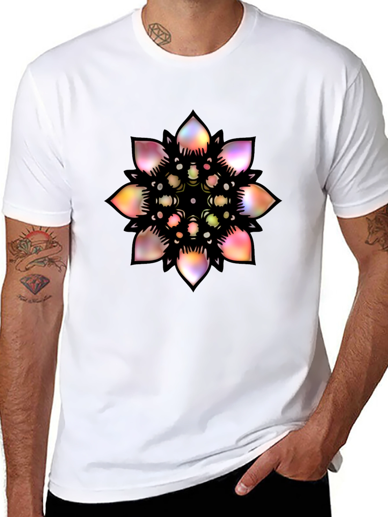 Mens Black T-Shirt with Colorful Mandala Graphic