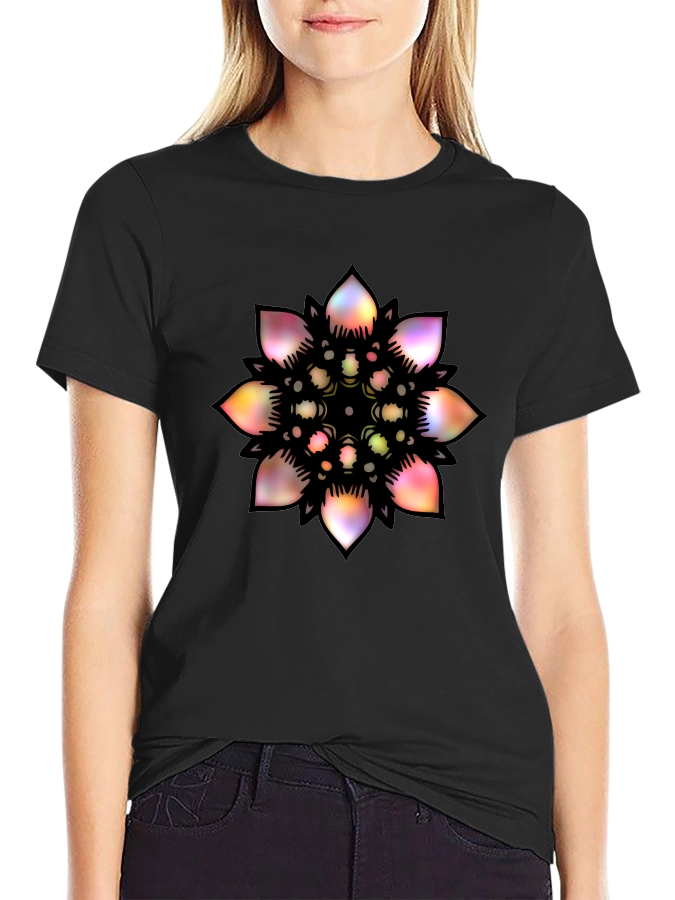 Mens Black T-Shirt with Colorful Mandala Graphic