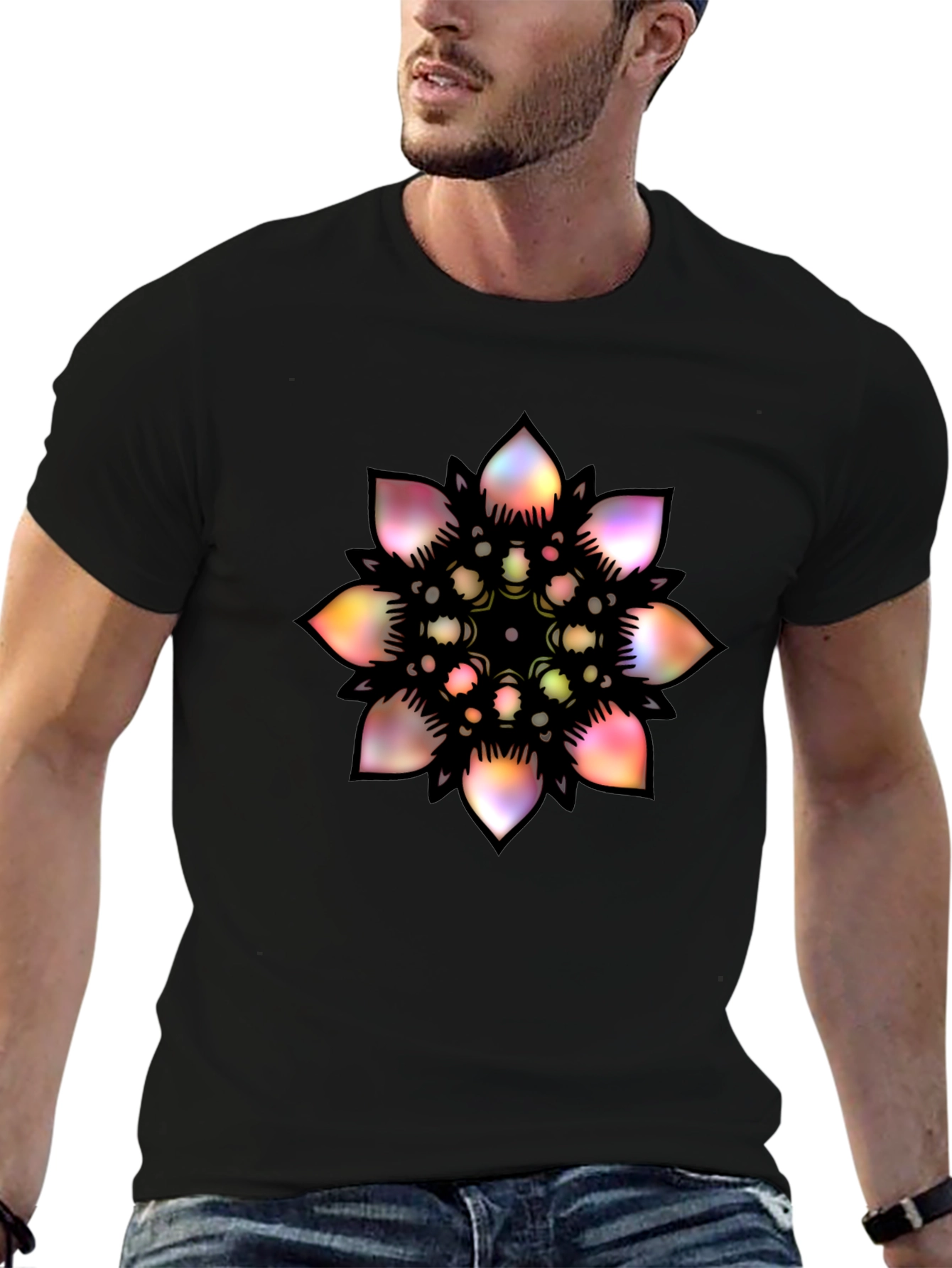 Mens Black T-Shirt with Colorful Mandala Graphic