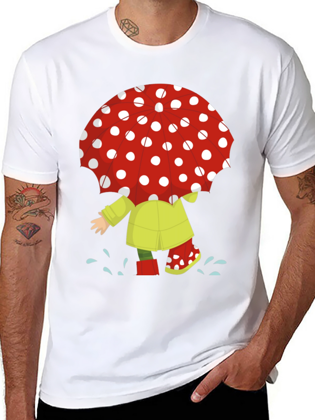 Rainy Day Fun T-Shirt: Cartoon Umbrella & Raincoat