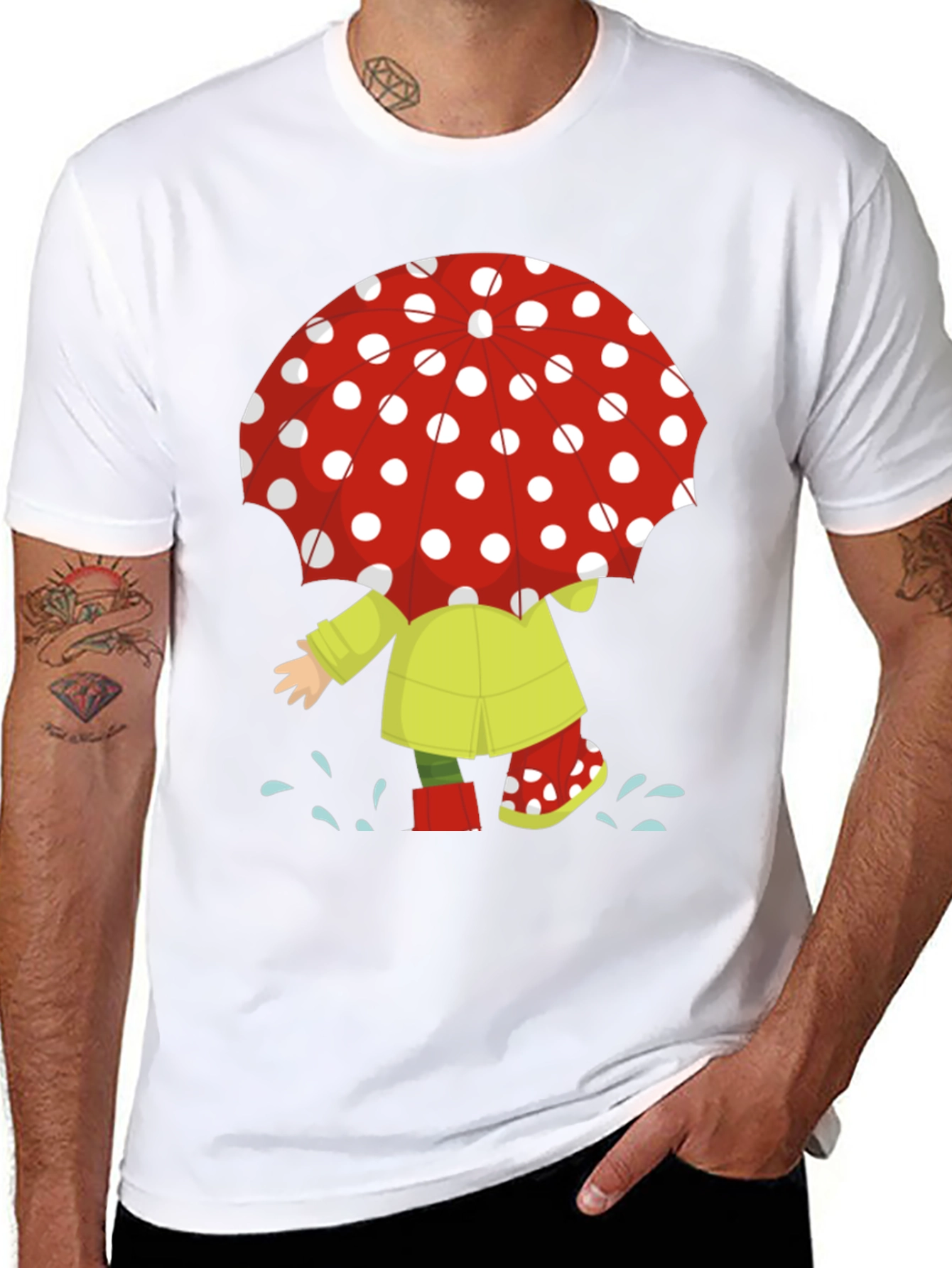 Rainy Day Fun T-Shirt: Cartoon Umbrella & Raincoat