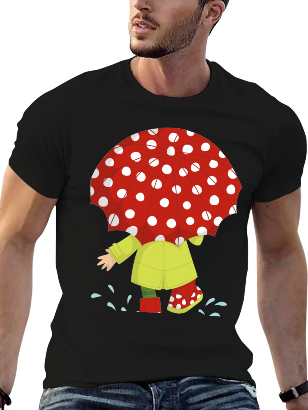 Rainy Day Fun T-Shirt: Cartoon Umbrella & Raincoat