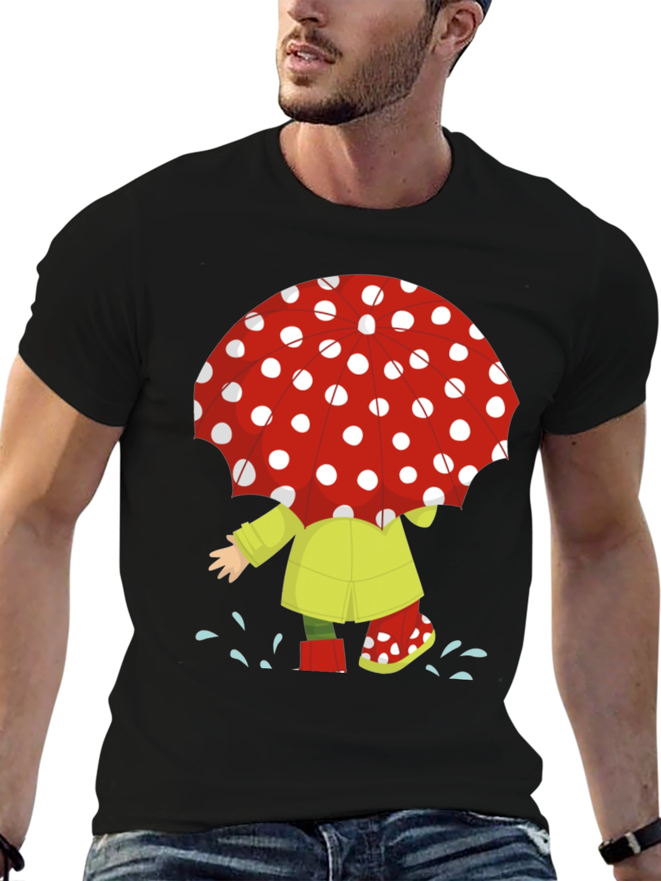 Rainy Day Fun T-Shirt: Cartoon Umbrella & Raincoat