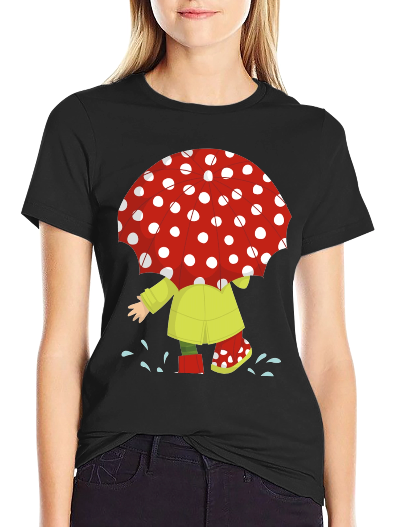 Rainy Day Fun T-Shirt: Cartoon Umbrella & Raincoat