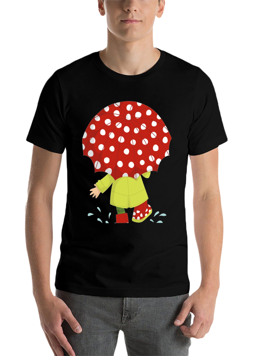 Rainy Day Fun T-Shirt: Cartoon Umbrella & Raincoat