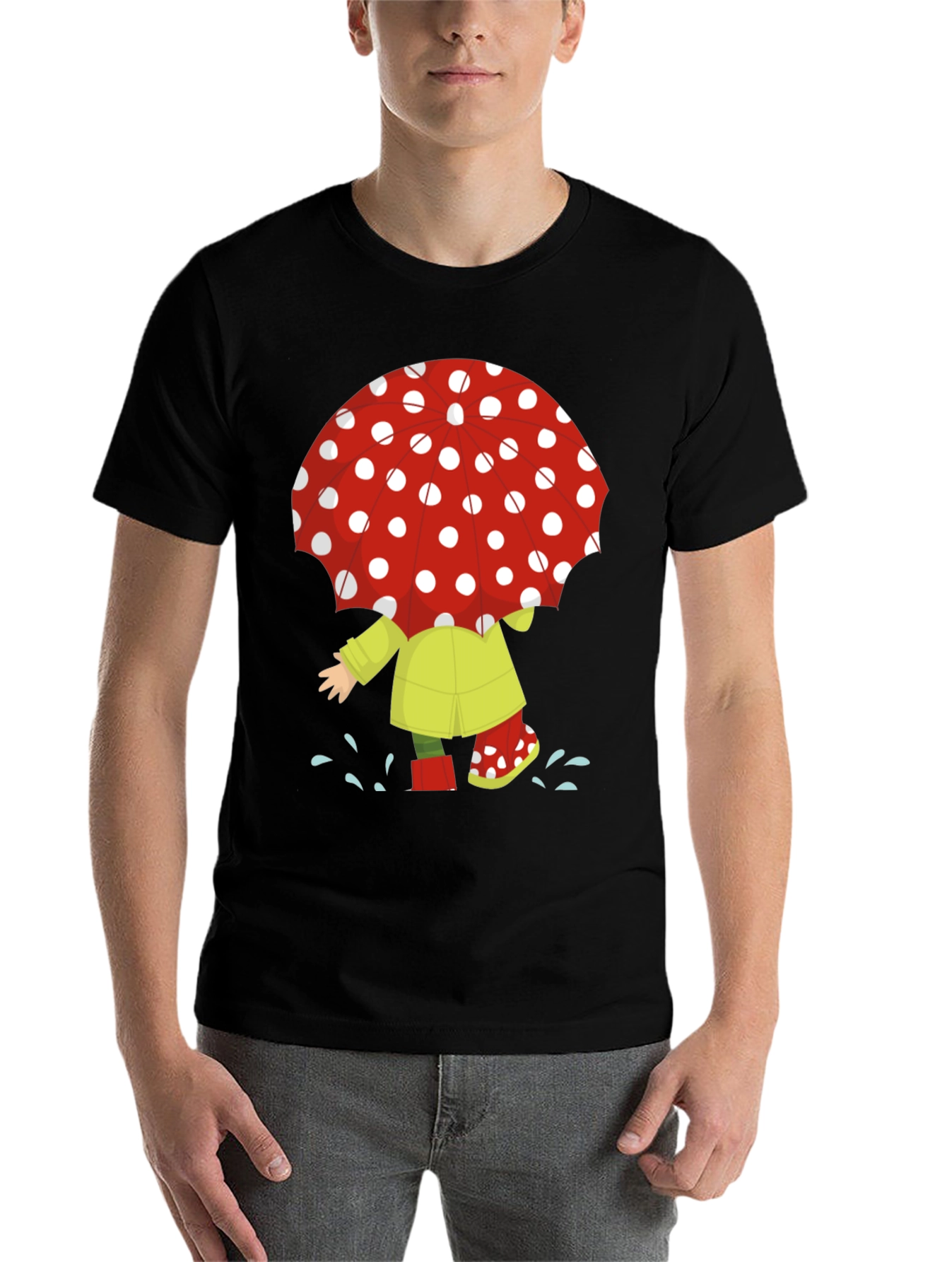 Rainy Day Fun T-Shirt: Cartoon Umbrella & Raincoat