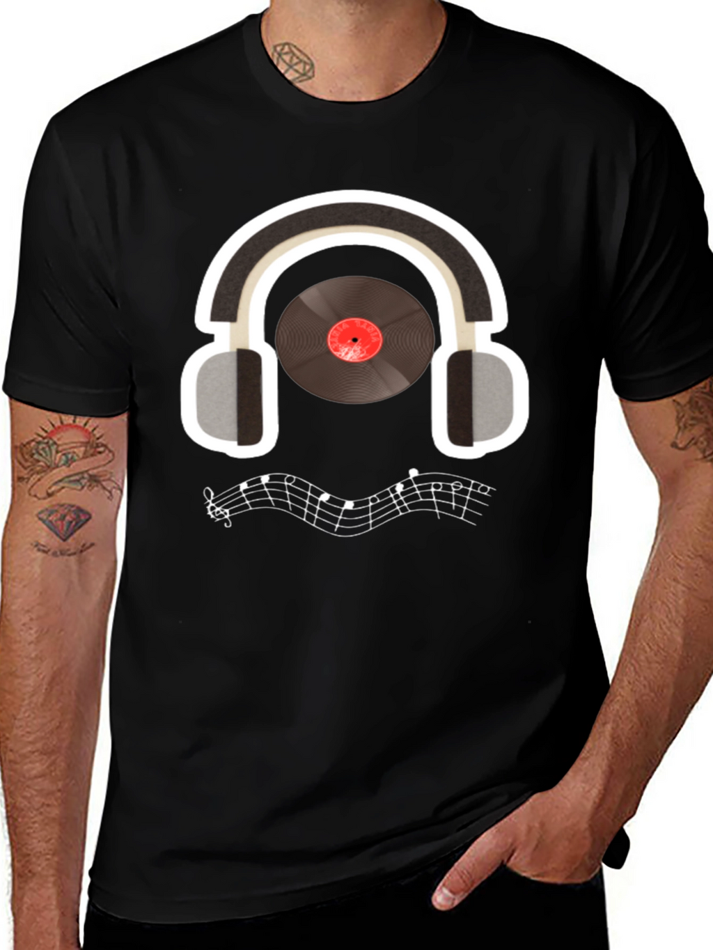 Music Lover T-Shirt: Headphones & Vinyl Design
