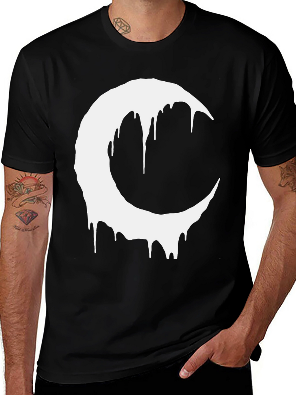 Black T-Shirt with Dripping Crescent Moon Design