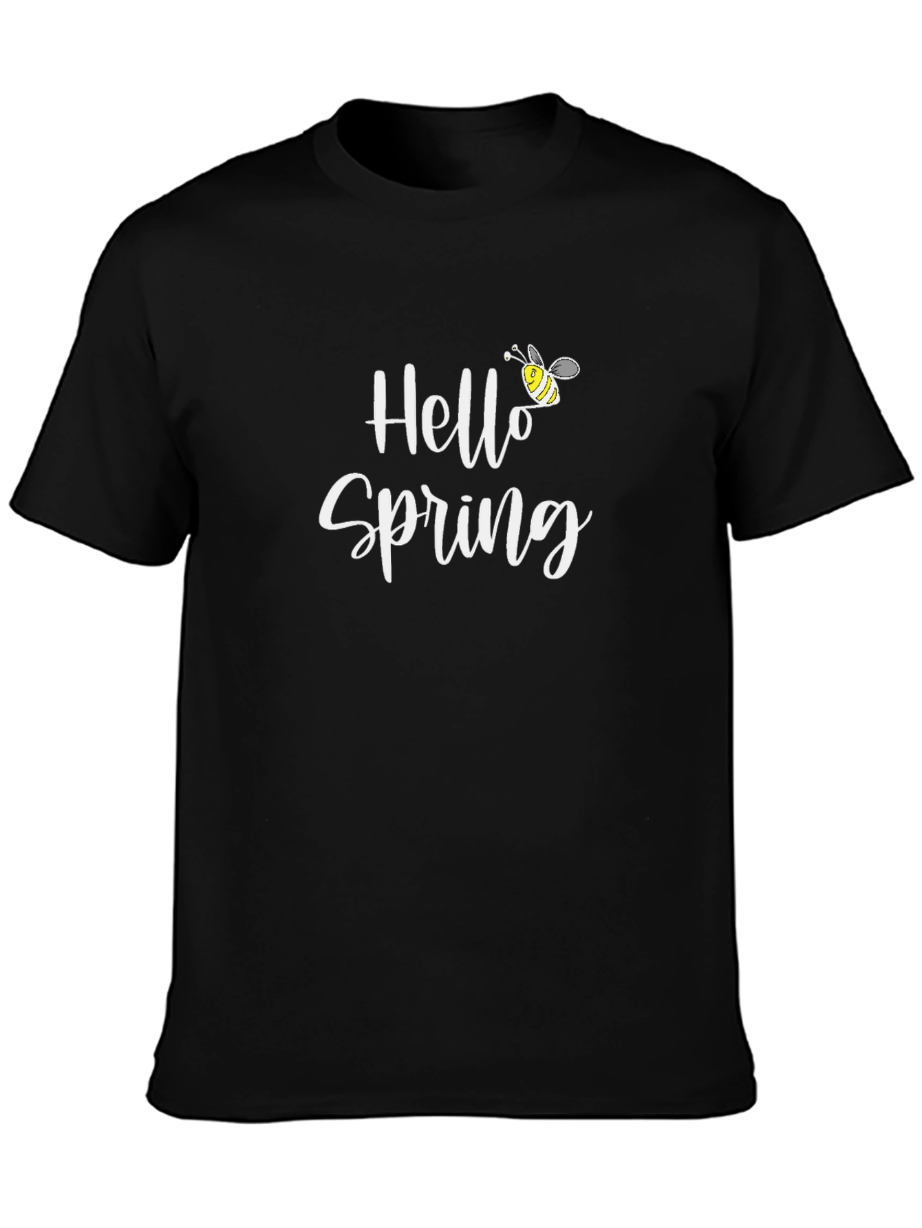 Hello Spring Black T-Shirt with Bee Graphic