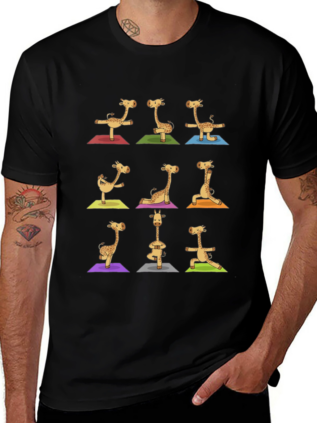 Giraffe Yoga Graphic Tee - Mens Black T-Shirt