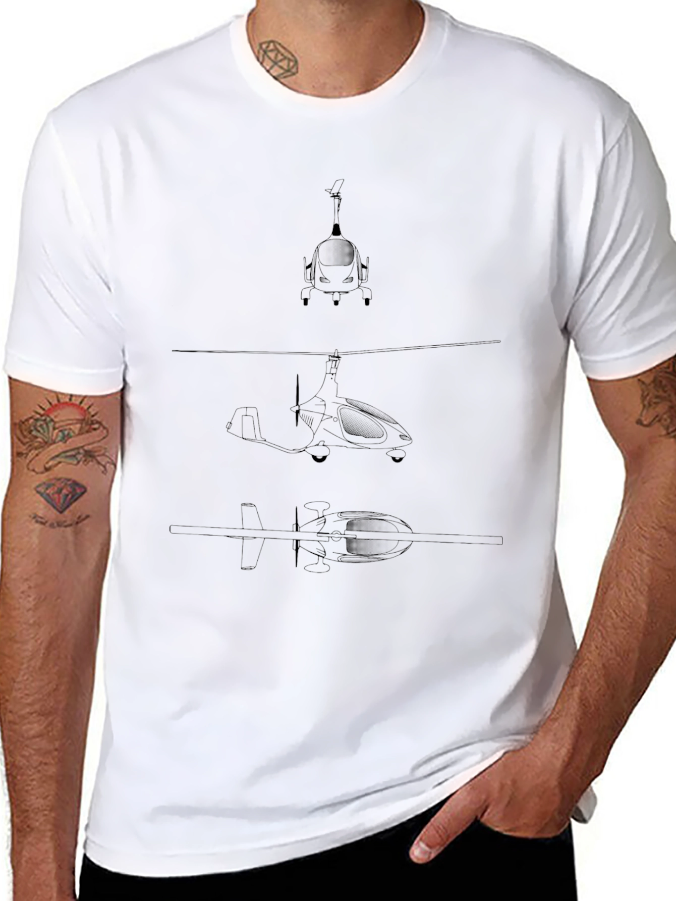 Black T-Shirt with Gyrocopter Blueprint Design