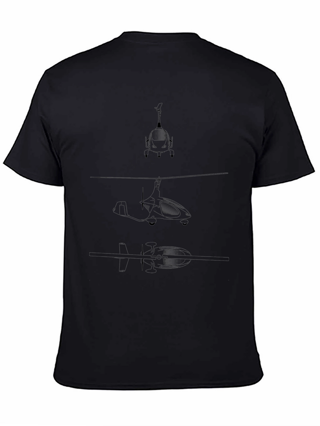 Black T-Shirt with Gyrocopter Blueprint Design