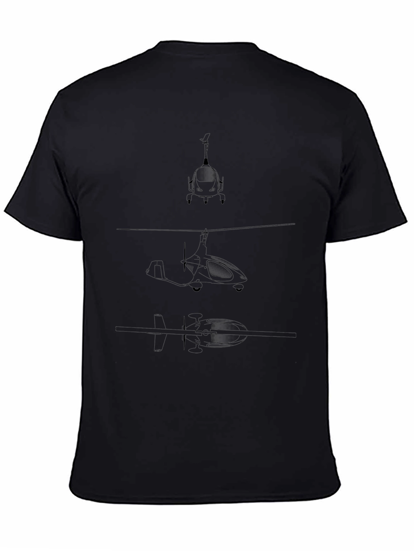 Black T-Shirt with Gyrocopter Blueprint Design
