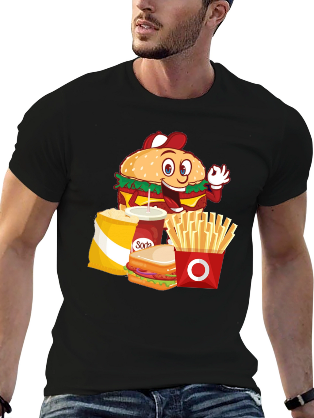 Cartoon Fast Food Black T-Shirt