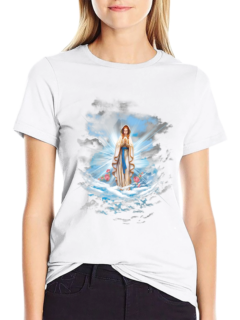 Religious Virgin Mary Graphic Print Black T-Shirt