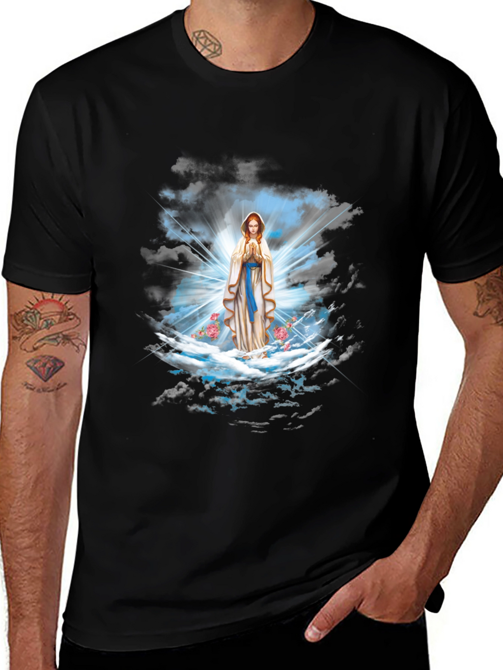 Religious Virgin Mary Graphic Print Black T-Shirt