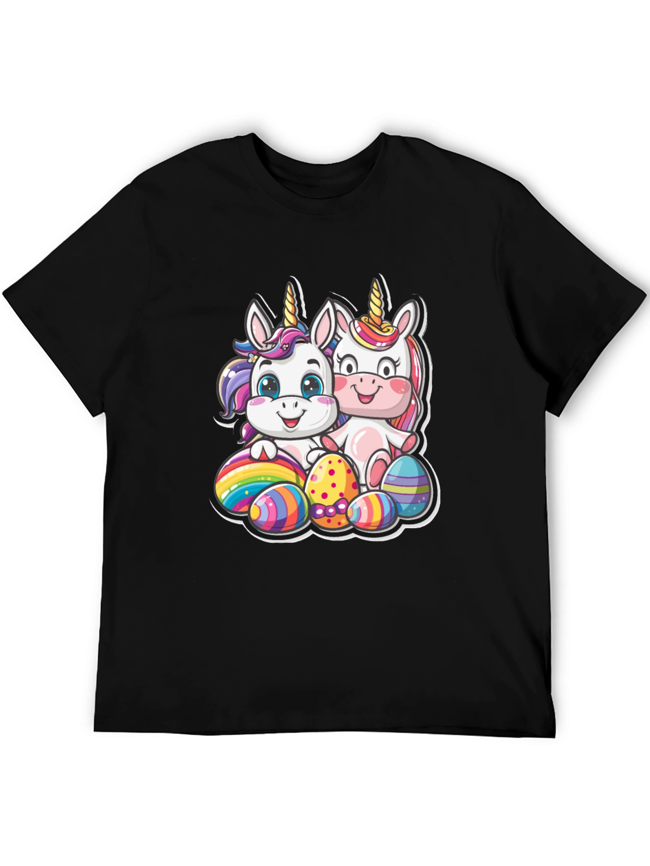 Cute Easter Unicorns Graphic Tee - Black Cotton Blend