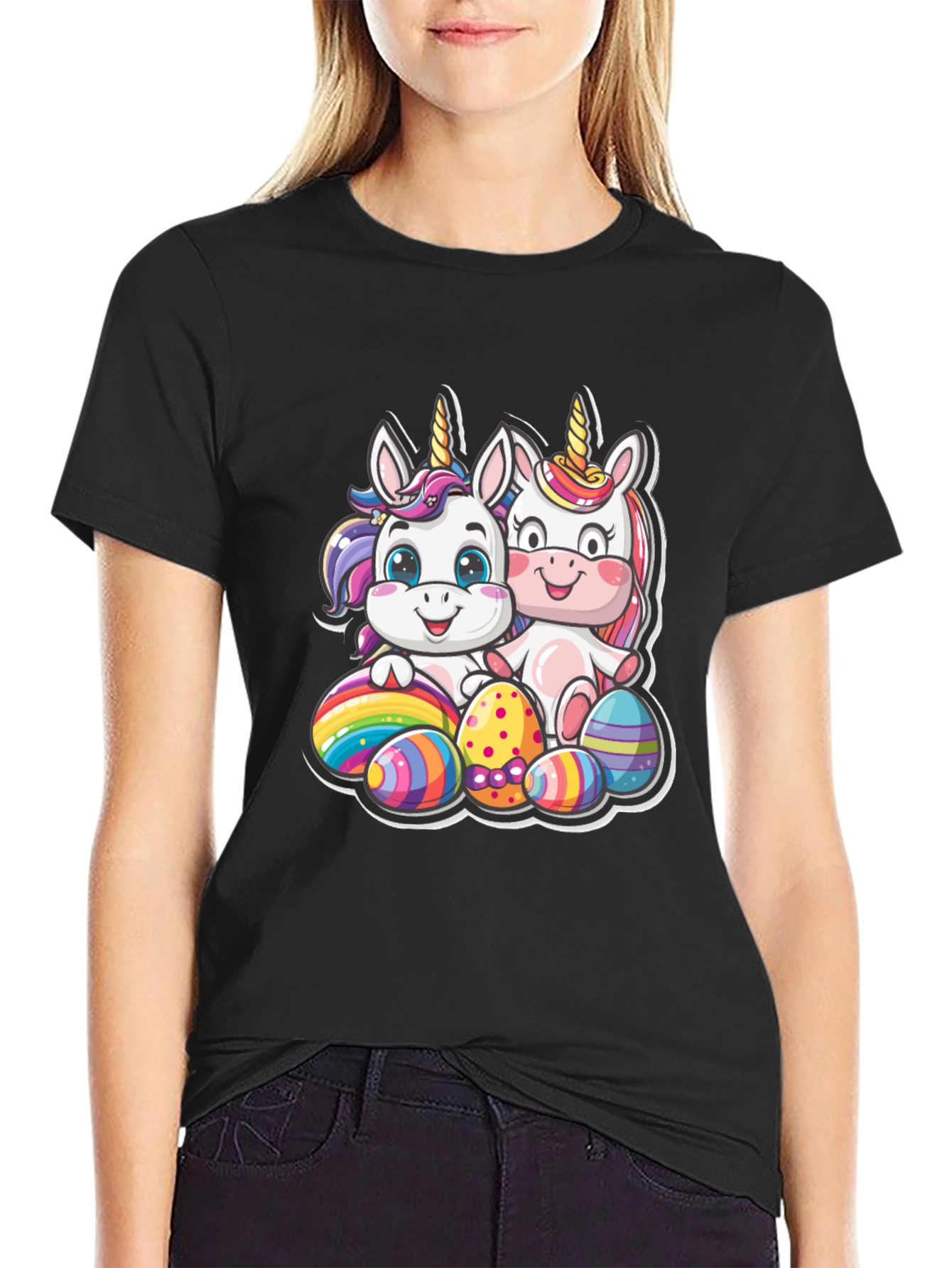 Cute Easter Unicorns Graphic Tee - Black Cotton Blend