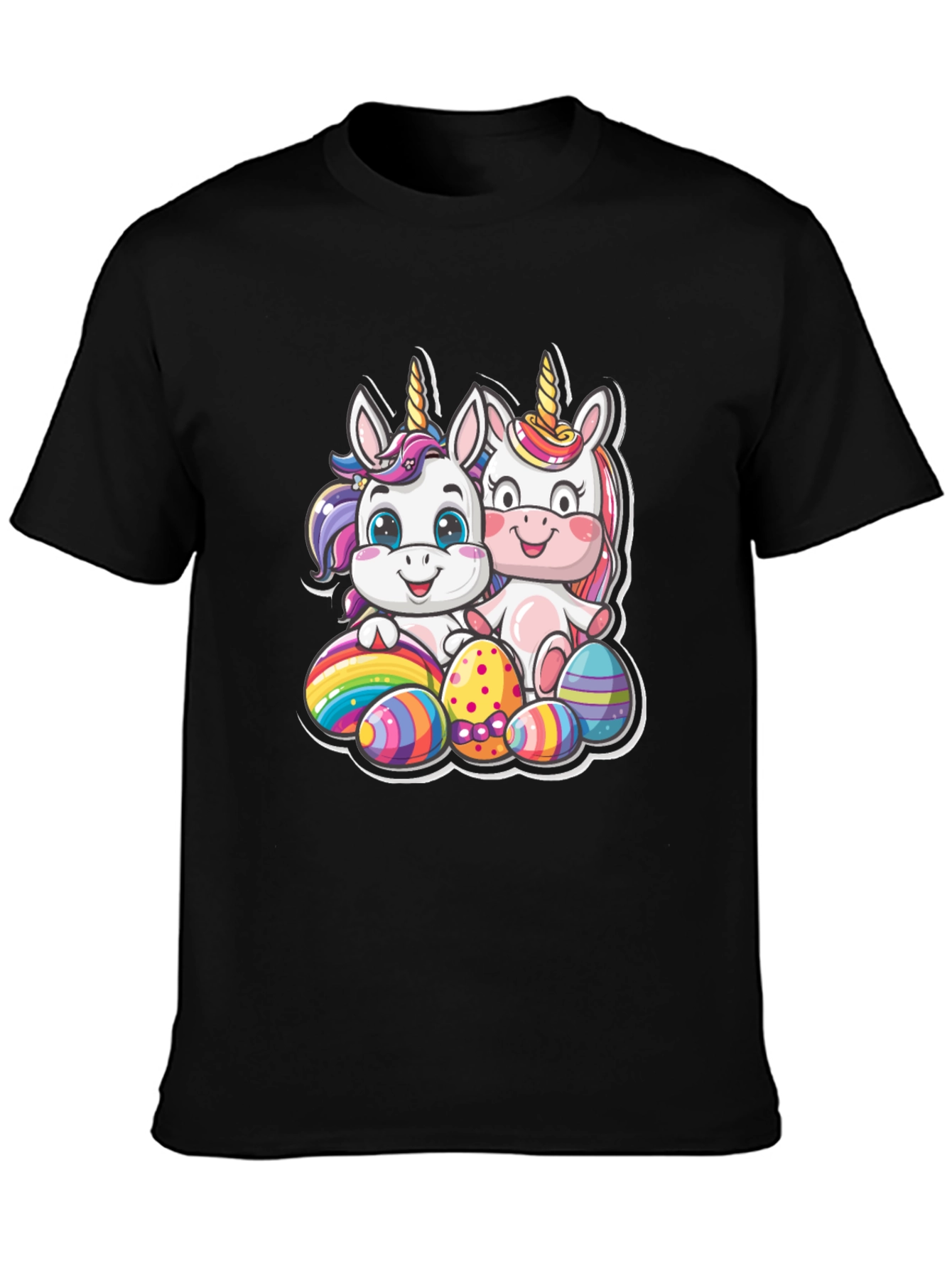 Cute Easter Unicorns Graphic Tee - Black Cotton Blend