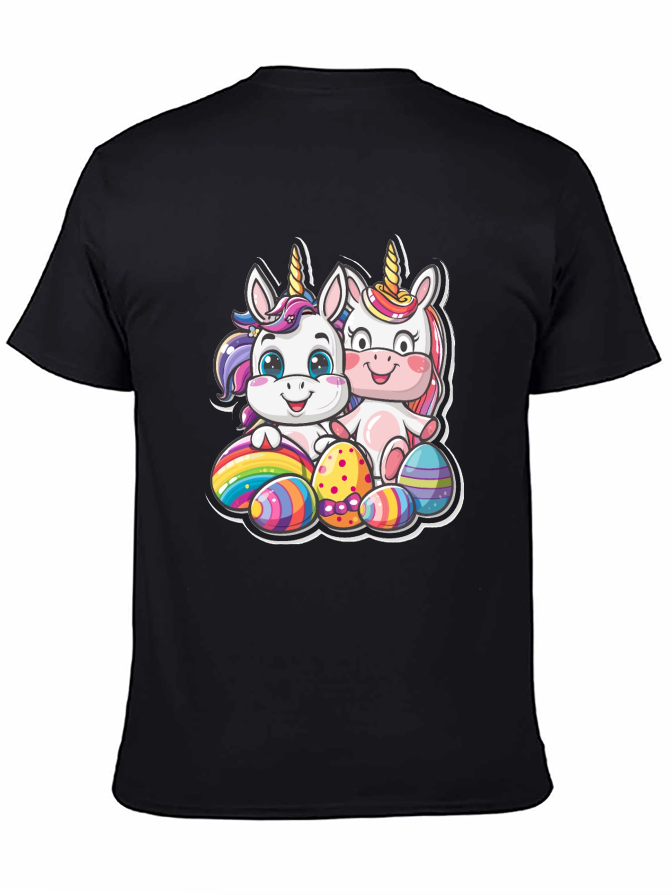 Cute Easter Unicorns Graphic Tee - Black Cotton Blend