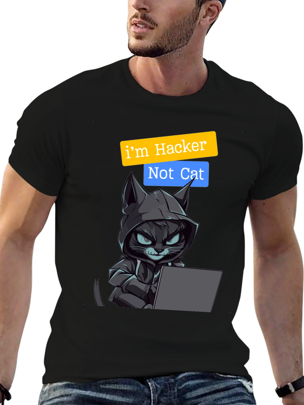 Hacker Cat Graphic Tee - Novelty T-Shirt
