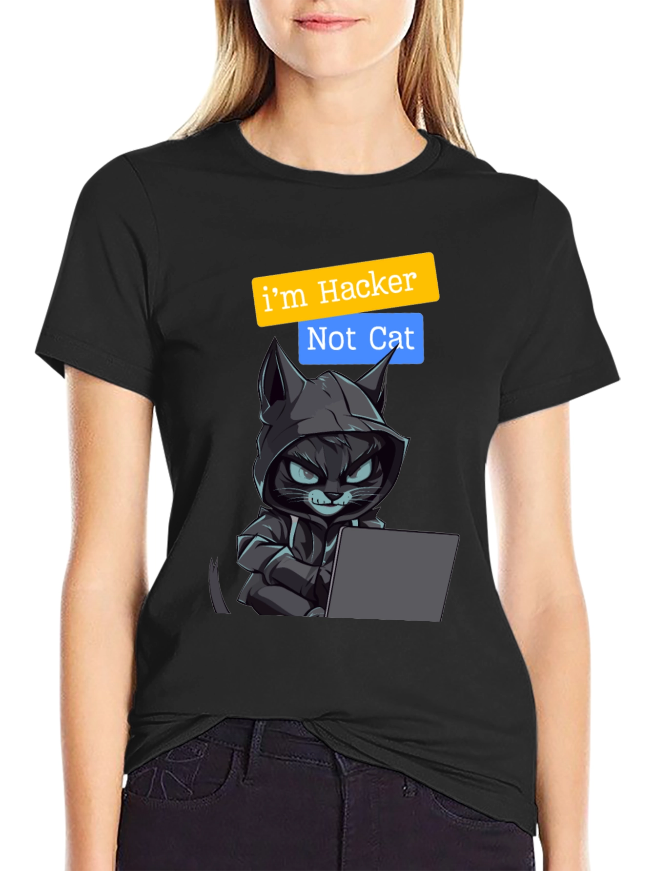 Hacker Cat Graphic Tee - Novelty T-Shirt