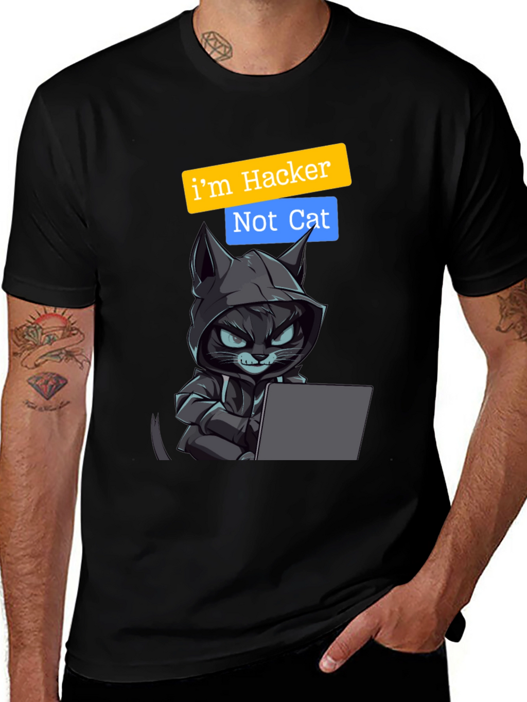 Hacker Cat Graphic Tee - Novelty T-Shirt