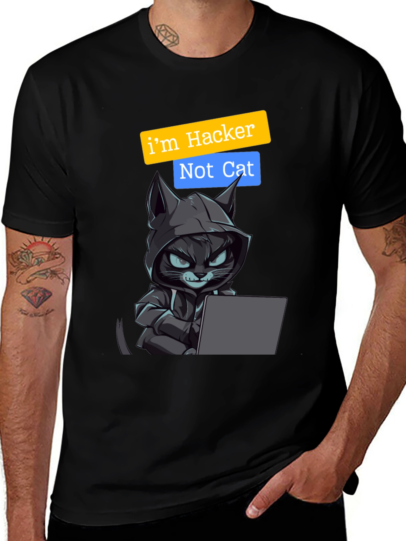 Hacker Cat Graphic Tee - Novelty T-Shirt