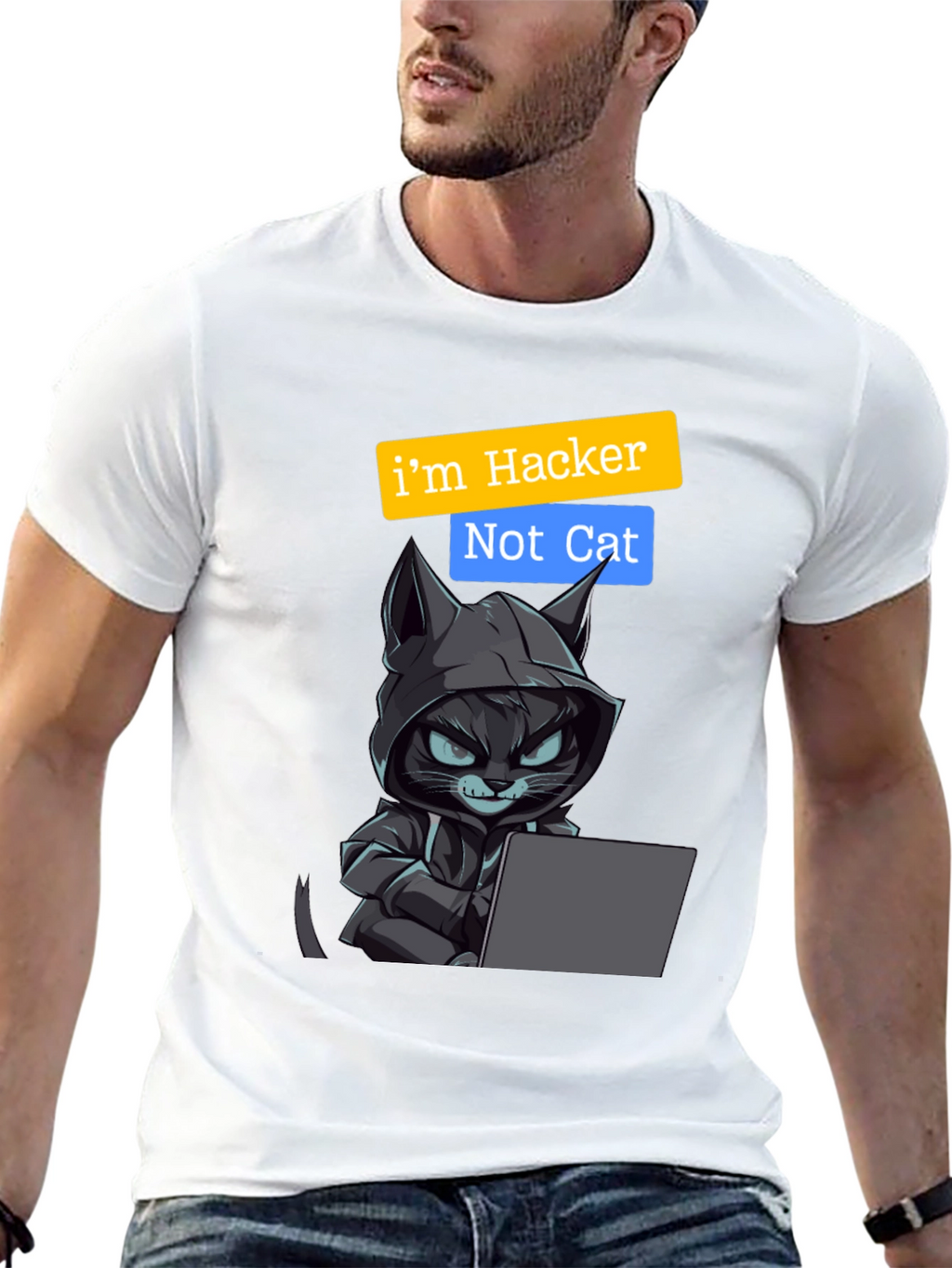 Hacker Cat Graphic Tee - Novelty T-Shirt