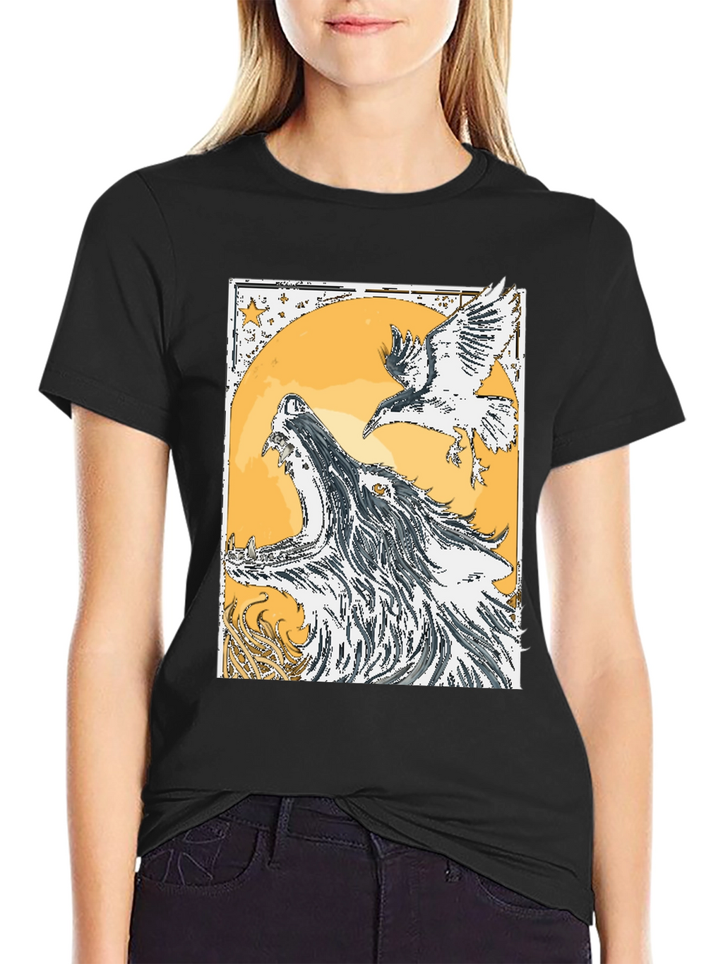 Wolf and Raven Graphic Tee - Black Cotton Blend