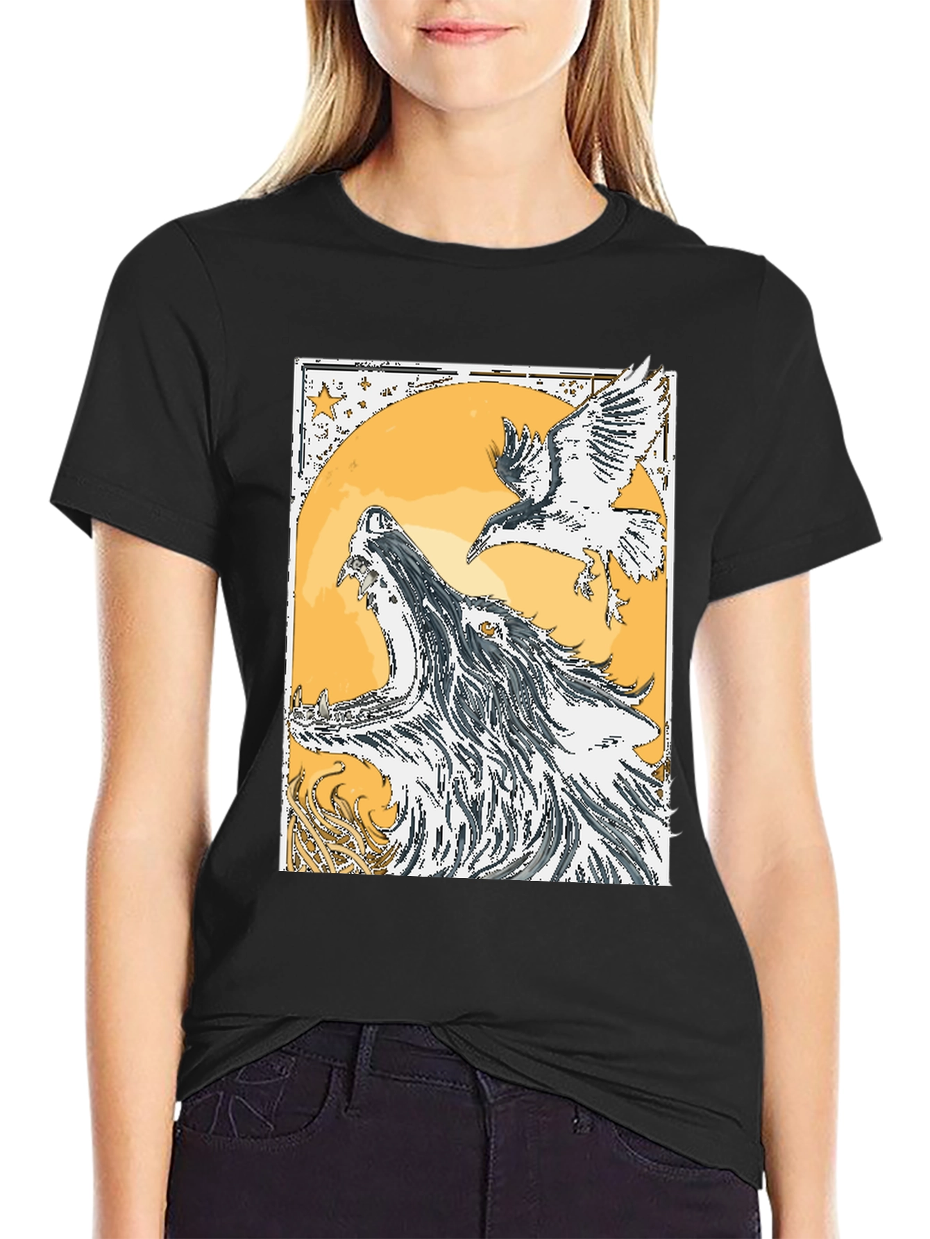 Wolf and Raven Graphic Tee - Black Cotton Blend