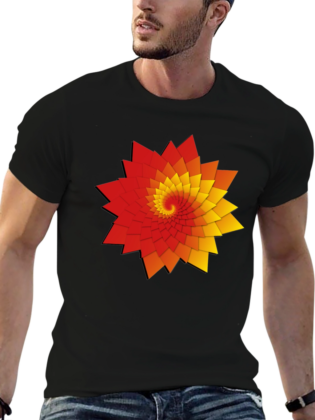 Geometric Spiral Graphic Print Black T-Shirt